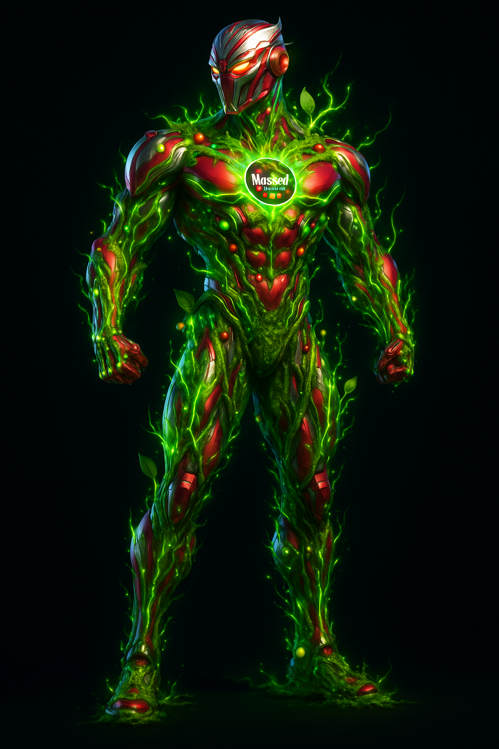 The Mossed mascot — a vine-and-armor figure glowing with green energy